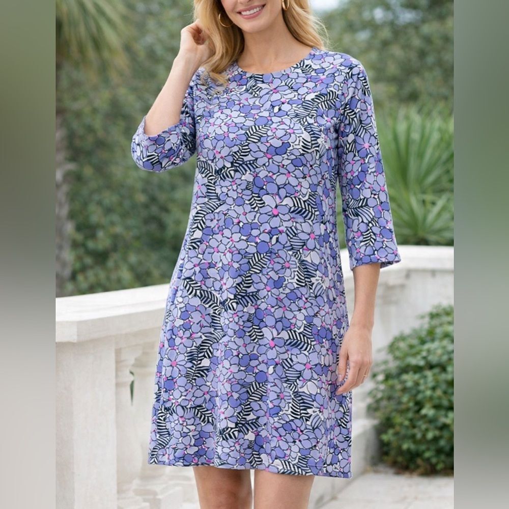Mahi Gold Bimini Purple Floral Shift Dress 3/4 Sleeve Stretch Size L